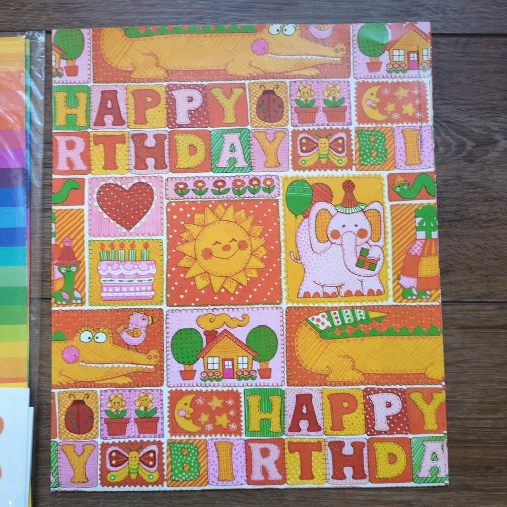 Vtg 80s Current Gift Wrapping Paper - Rainbow Stripes, Happy Birthday, Elephants